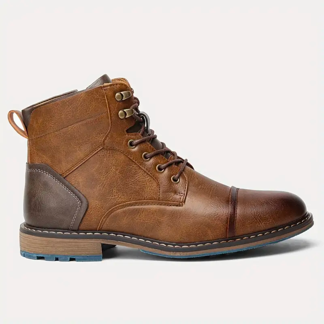 Brauner Herrenstiefel aus Leder, Schnürung, robuster Absatz, modisch, bequem, Herbst/Winter.