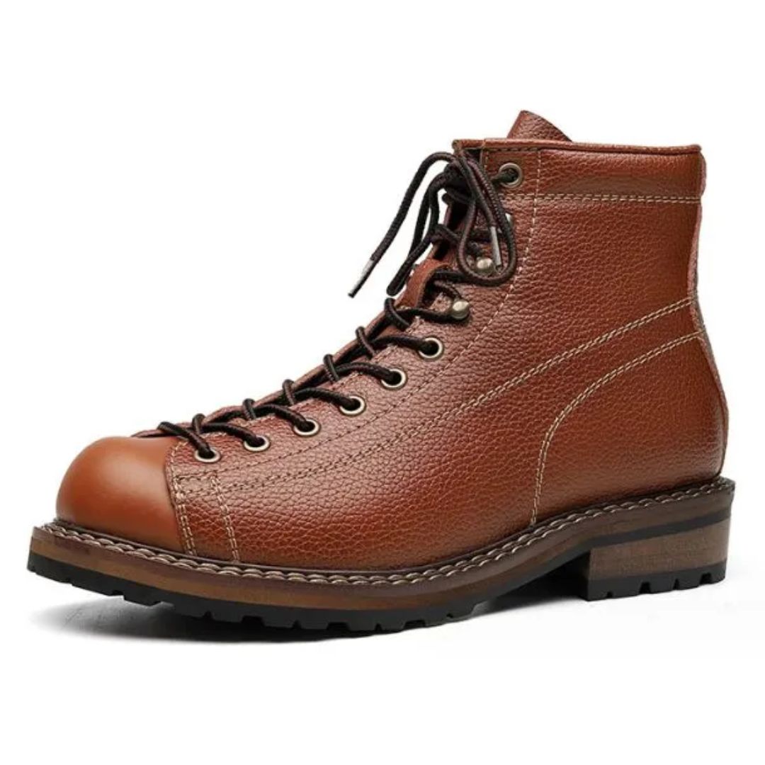 Brauner Lederstiefel für Herren, robustes Design, Schnürung, Outdoor, rutschfeste Sohle.