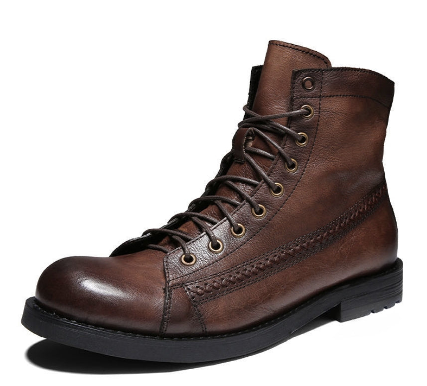 Brauner Lederstiefel für Herren, Schnürung, robuste Sohle, modisch, langlebig.