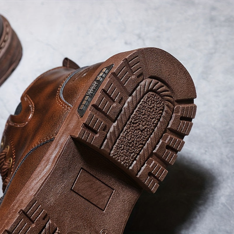 Brauner Lederschuh mit robuster Profilsohle, ideal für Outdoor-Aktivitäten.