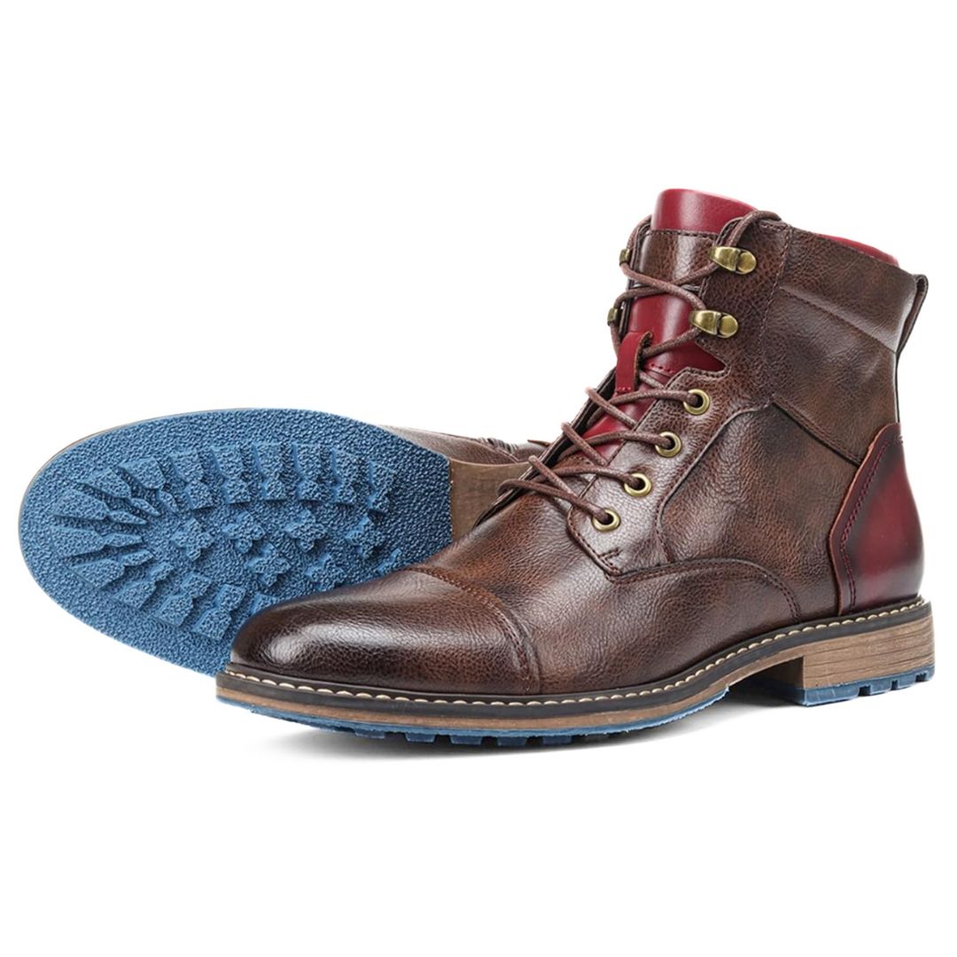 Braune Herrenstiefel aus Leder mit blauer Sohle, Schnürung, robustes Design, modisch.