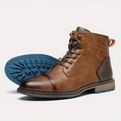 Braune Herren-Lederstiefel mit blauer Sohle, robustes Design, ideal für Herbstmode.