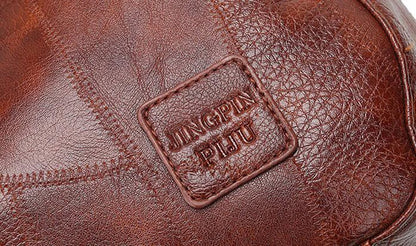 Braune Ledertasche mit geprägtem Logo "JINGPIN PIJU", hochwertige Handtasche aus Echtleder.