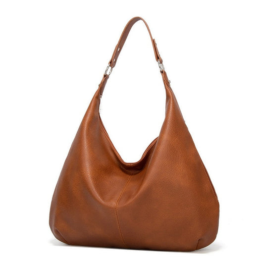 Braune Lederhandtasche, Hobo-Stil, Damenmode, elegantes Design, Schultertasche, Accessoire.