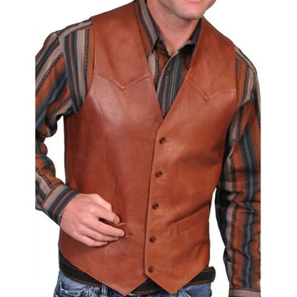 Braune Lederweste für Herren, Westernstil, Knopfleiste, gestreiftes Hemd, Freizeitmode.