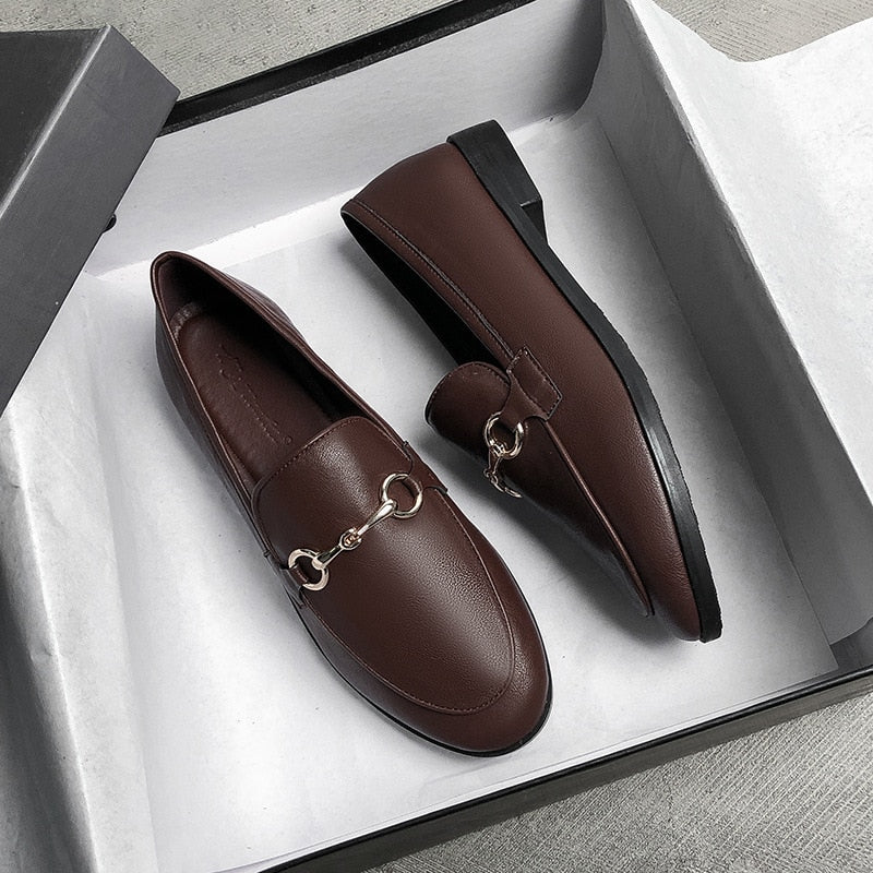 Braune Leder-Loafer mit Metallverzierung in Schuhkarton, elegante Herrenschuhe.
