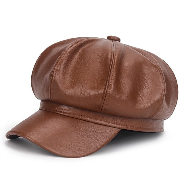 Braune PU-Leder Schiebermütze, Ivy-Design, modisch, vielseitig, für Herren und Damen.