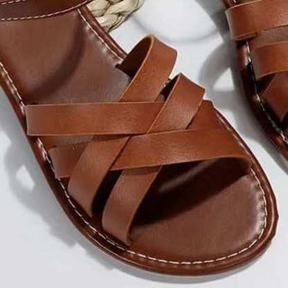 Braune Ledersandale mit geflochtener Sohle, Damenmode, Sommerschuh, bequem, elegant