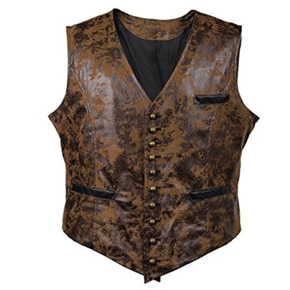 Braune Lederweste mit Schlangenmuster, Knöpfen und Taschen, Herrenmode, Vintage-Stil.