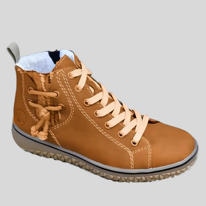 Damen-Winterstiefel, braun, Leder, gefüttert, rutschfeste Sohle, modisch, bequem, warm.