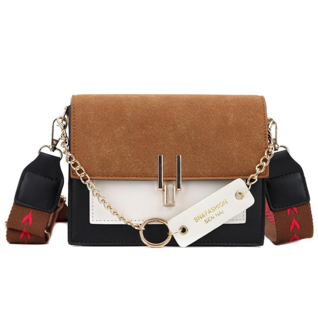 Damenhandtasche braun-weiß, Leder, Kettendetail, verstellbarer Riemen, modisch, elegant
