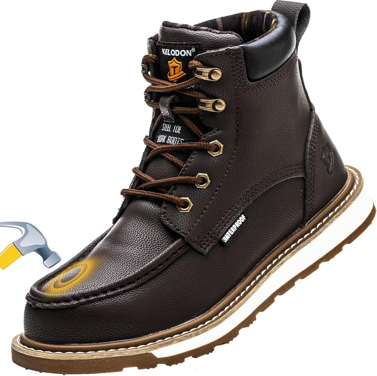Brauner Sicherheitsstiefel aus Leder mit Stahlkappe, rutschfeste Sohle, robustes Design.