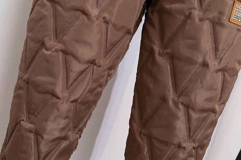 Braune, gesteppte Thermohose aus Nylon für Outdoor-Aktivitäten, isoliert, wasserabweisend.