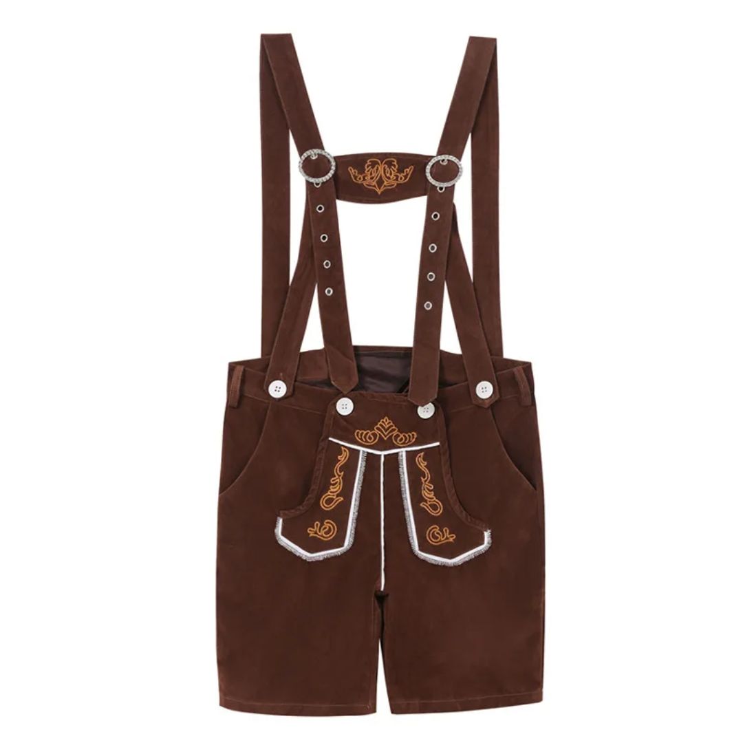Braune Lederhose mit Hosenträgern, Stickerei, traditionell, Trachtenmode, Herrenbekleidung.