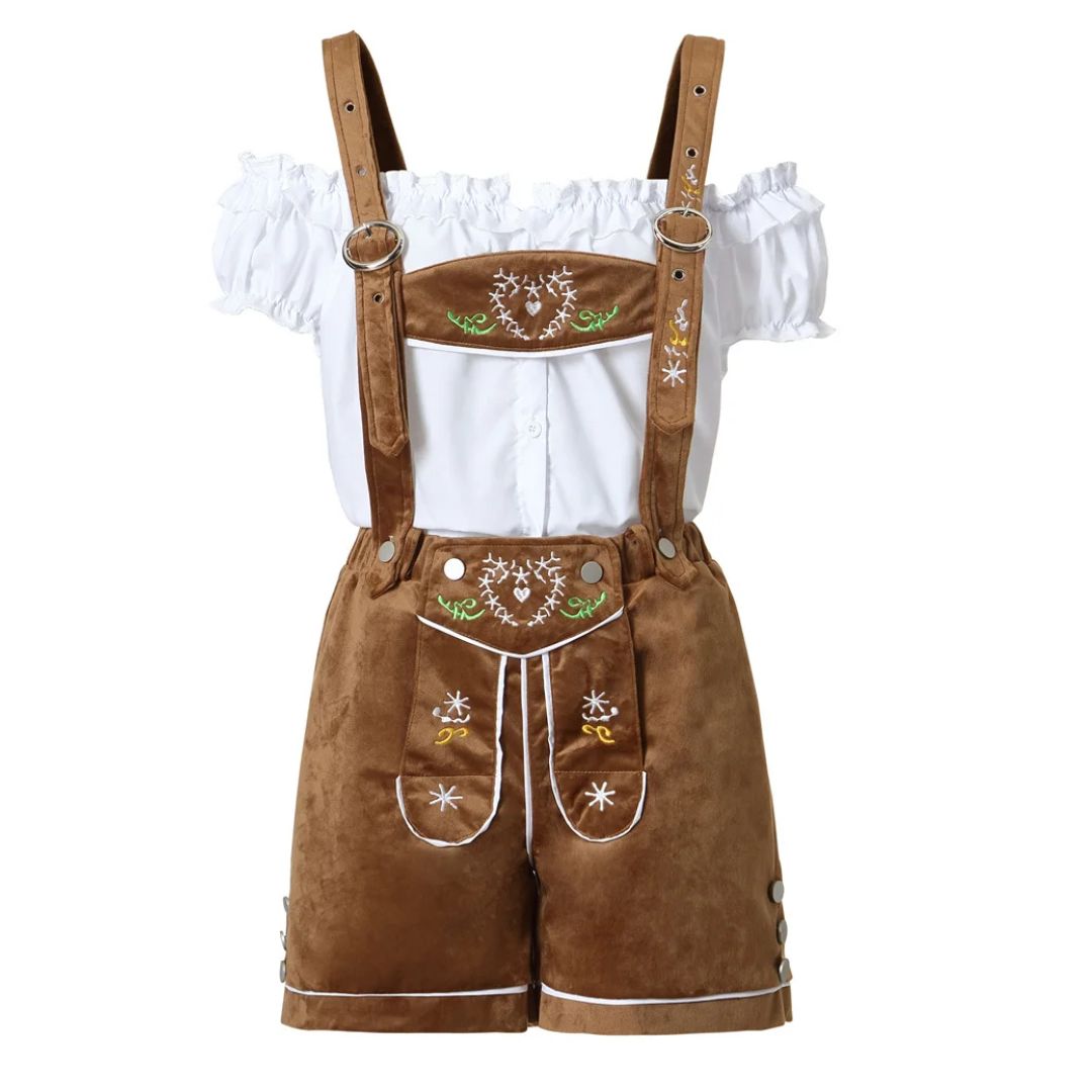 Braune Damen-Lederhose mit Stickerei, Trachtenmode, Oktoberfest, traditionell, weißes Oberteil.
