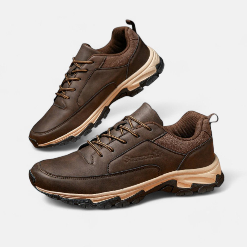 Braune Herren-Wanderschuhe, Leder, rutschfeste Sohle, Outdoor-Sport, bequem, langlebig.