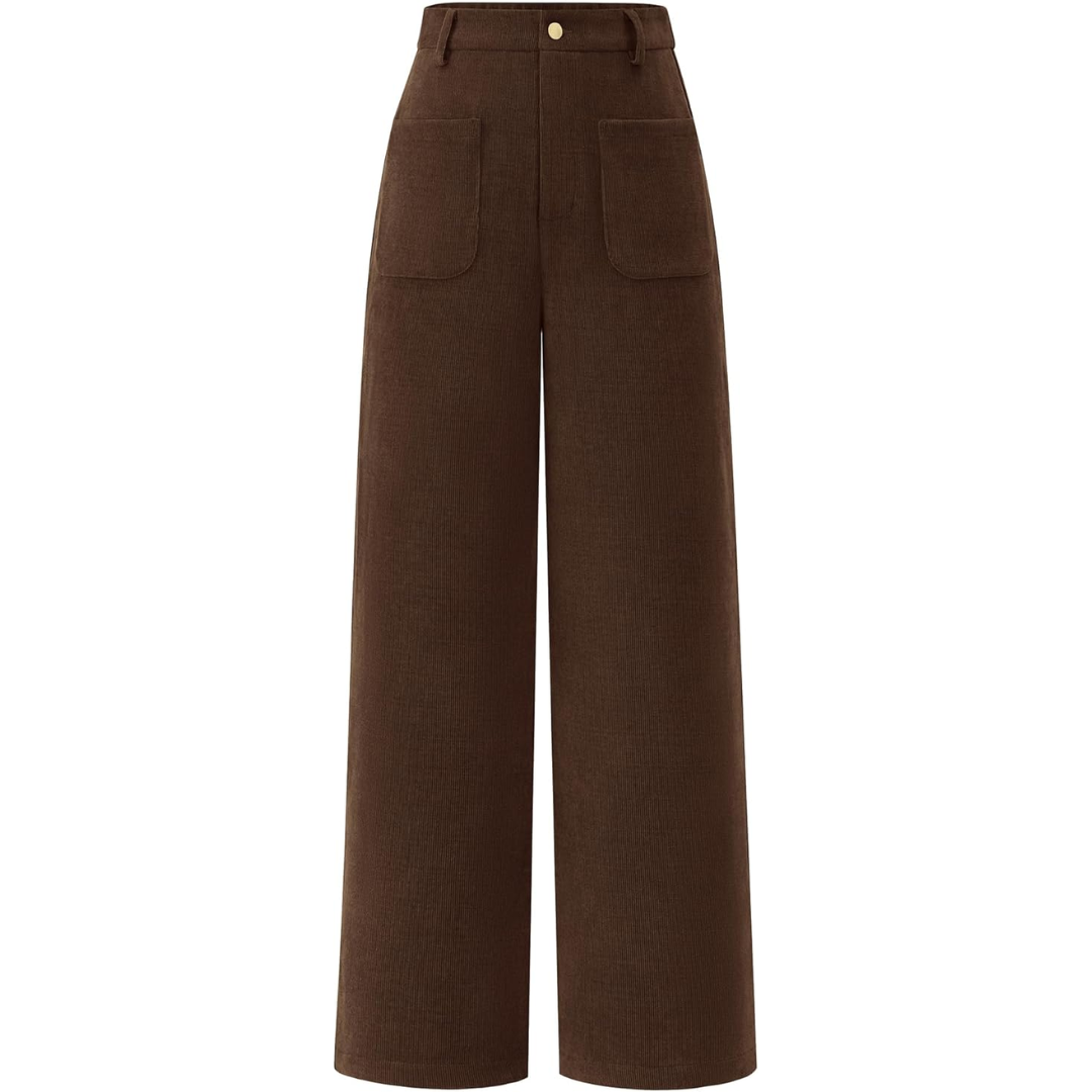 Braune Damenhose, weites Bein, hohe Taille, Cordstoff, modisch, Herbstmode 2024.
