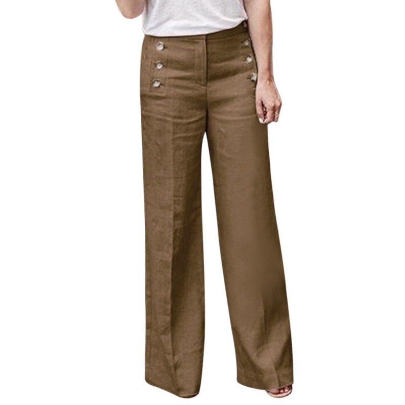 Damenhose braun, hohe Taille, weites Bein, Knopfdetails, Leinen, modisch, elegant.