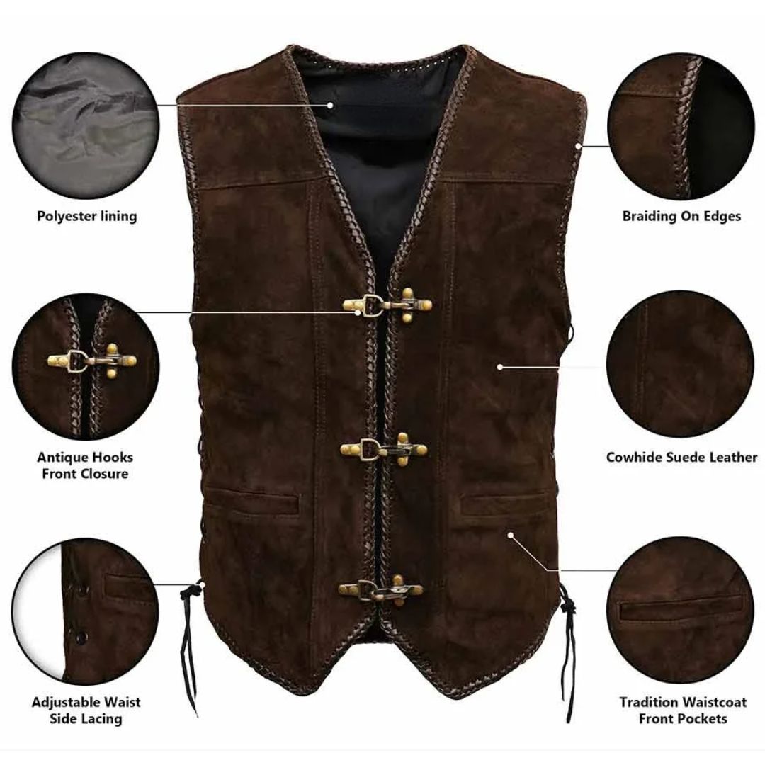 Braune Wildlederweste, Kuhhaut, Polyesterfutter, traditionelle Trachtenmode, verstellbare Taille.