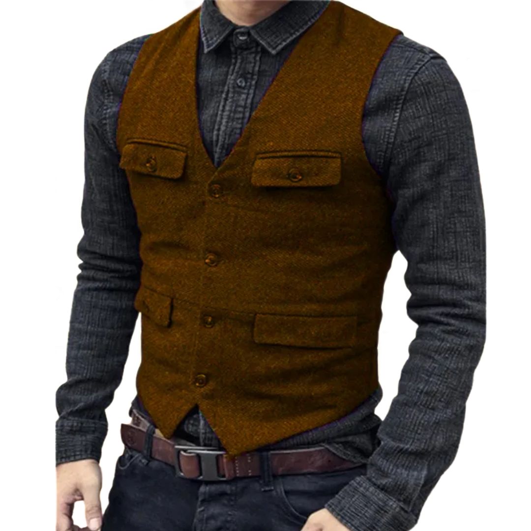 Mann in brauner Tweed-Weste und dunkelgrauem Hemd, modische Herrenbekleidung.