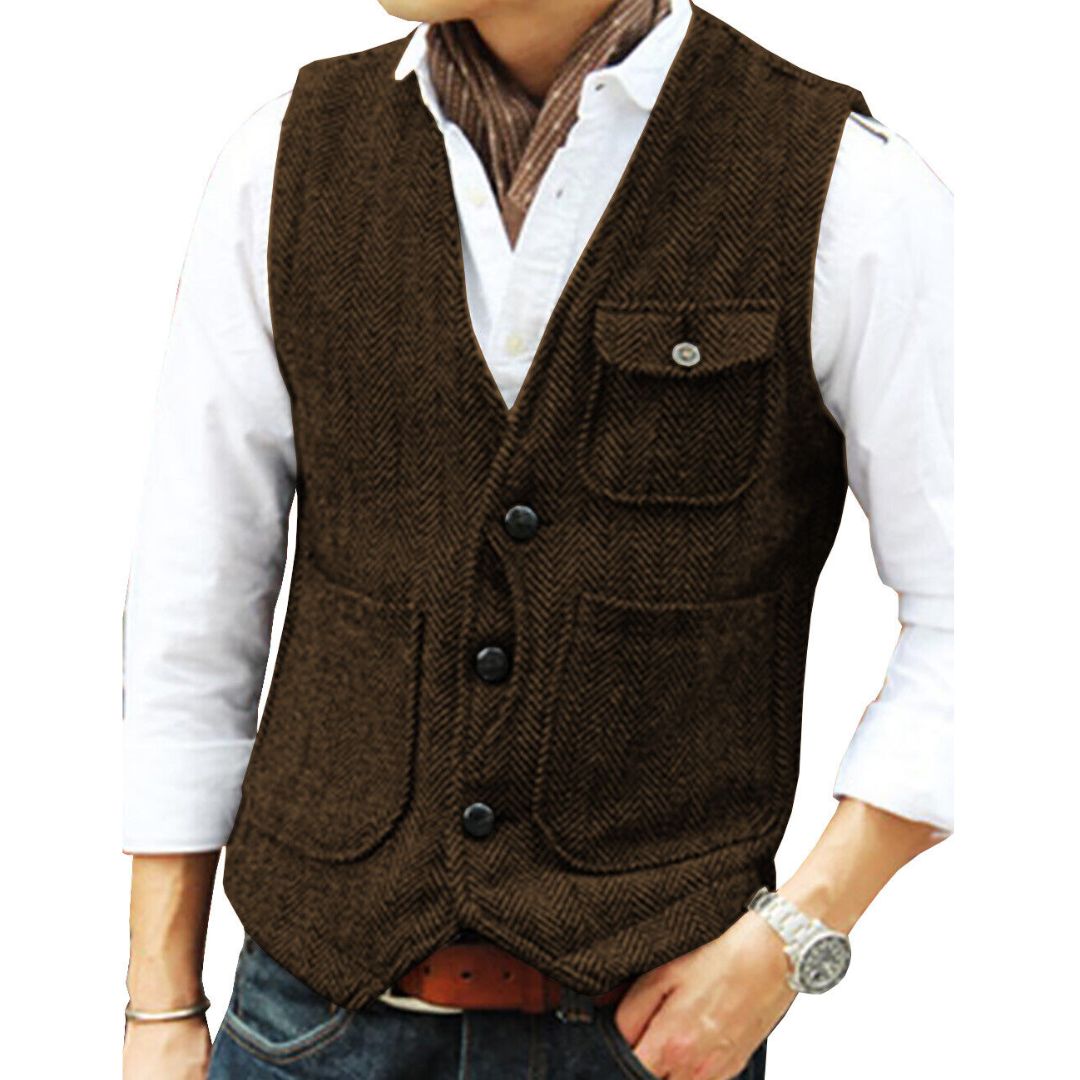 Braune Herrenweste aus Tweed, elegant, mit Knöpfen und Taschen, ideal für formelle Anlässe.