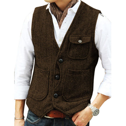 Braune Herrenweste aus Tweed, elegant, mit Knöpfen und Taschen, ideal für formelle Anlässe.