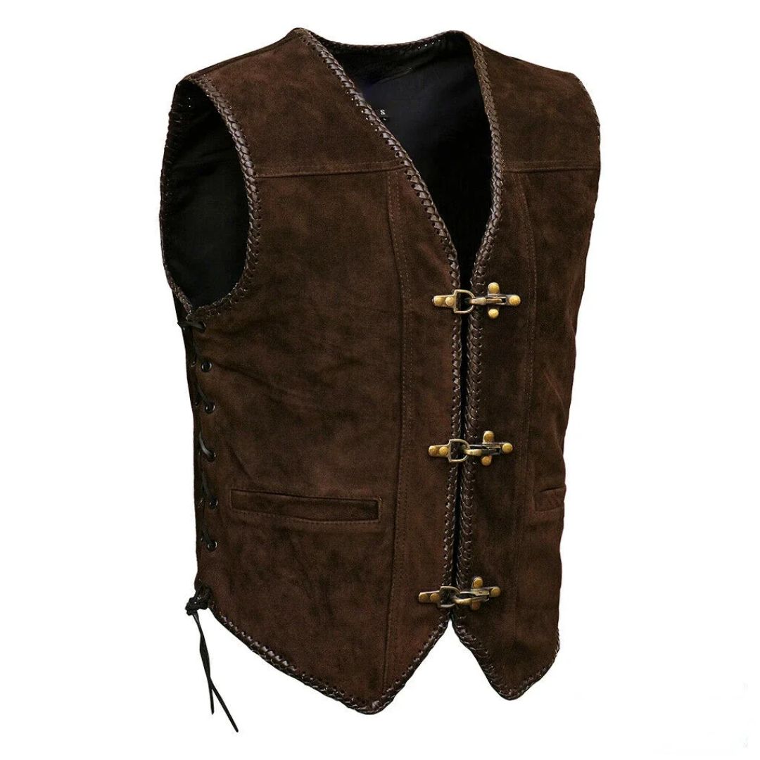Braune Wildlederweste für Herren, traditionelles Design, mit Schnallenverschluss.
