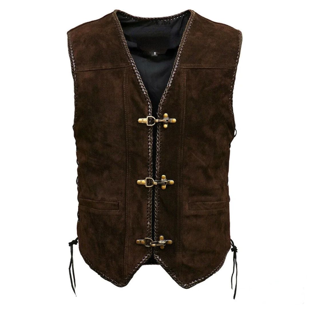 Braune Herren-Lederweste mit Schnallenverschluss, Trachtenmode, traditionell, Oktoberfest.