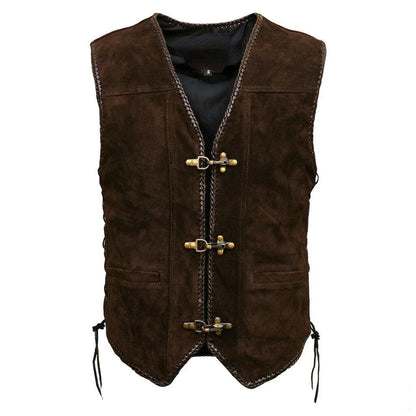 Braune Herren-Lederweste mit Schnallenverschluss, Trachtenmode, traditionell, Oktoberfest.