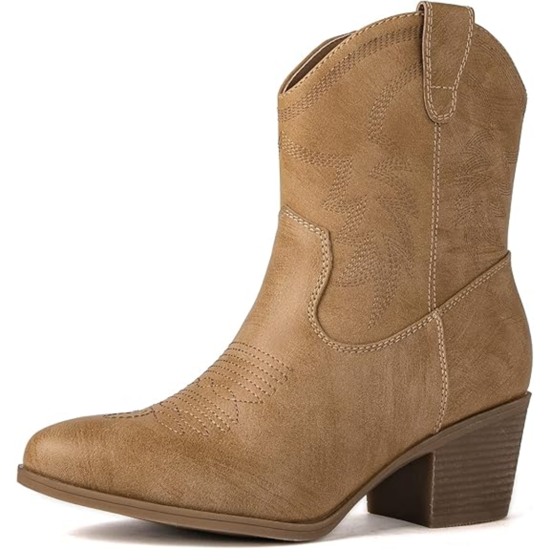 Brauner Cowboy-Stiefel aus Leder mit Absatz, Western-Design, Damenmode, Herbstschuh.