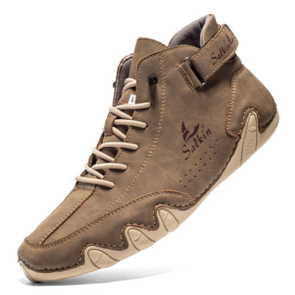 Brauner Leder-Sneaker für Herren, knöchelhoch, mit Schnürung, von Salekin.