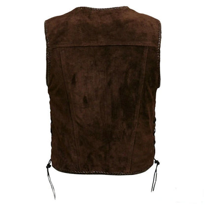 Braune Wildlederweste, ärmellos, Rückansicht, Herrenmode, Westernstil, Schnürdetails.