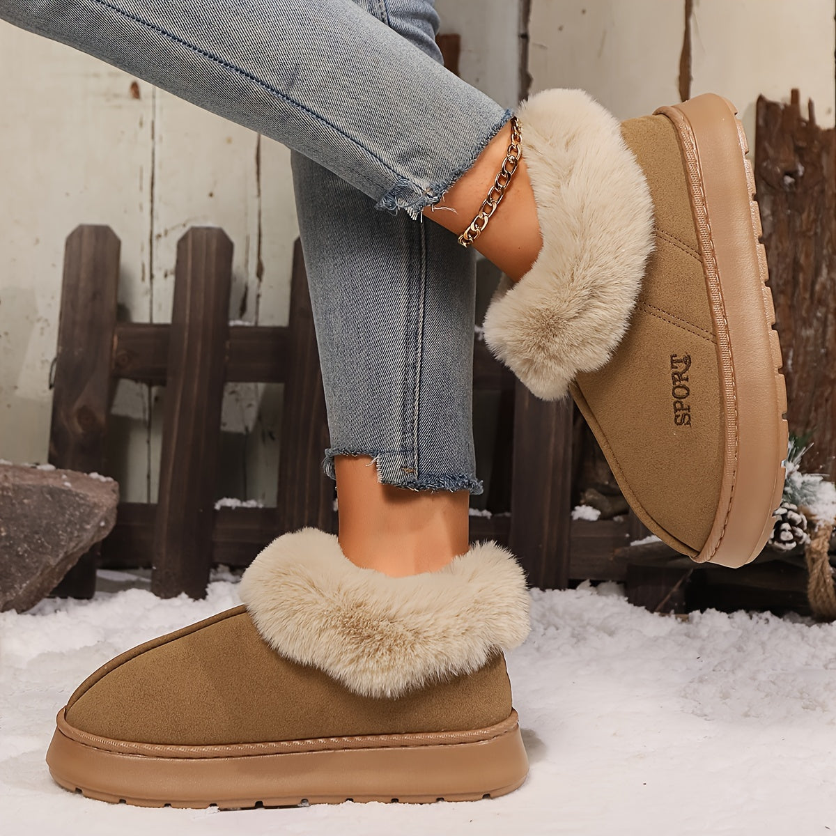 Damen-Winterstiefel, braun, Kunstpelz, rutschfest, warm, modisch, Outdoor, bequem.