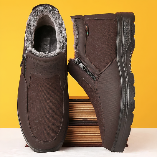 Braune Herren-Winterstiefel mit Kunstfellfutter, rutschfeste Sohle, Reißverschluss, warm.