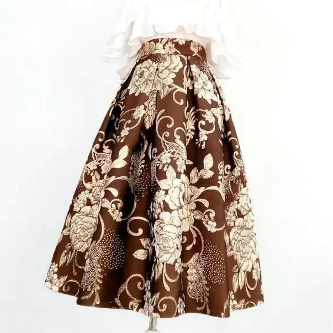 Brauner Maxirock mit floralem Muster, Damenmode, eleganter Stil, Baumwolle, Sommerkleidung.