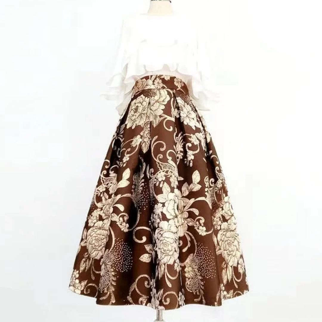Brauner Maxirock mit weißem Blumenmuster, elegantes Design, Damenmode, Sommerkleidung.