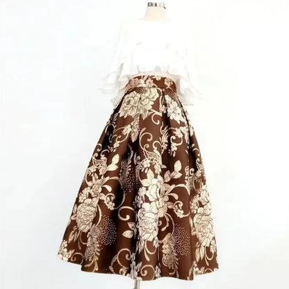 Brauner Midirock mit Blumenmuster, elegantes Design, Damenmode, festlich, aus Baumwolle.