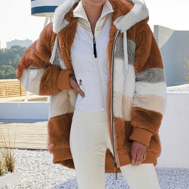 Damen Winterjacke, gestreift, Kunstpelz, Kapuze, warm, modisch, braun-weiß, Outdoor.