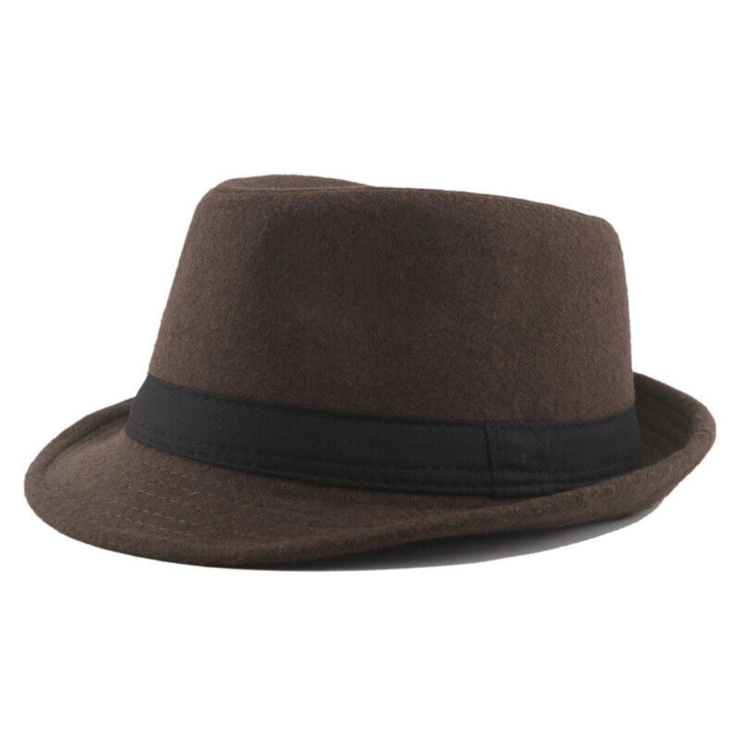 Brauner Filzhut mit schwarzem Band, klassischer Fedora-Stil, modisches Accessoire für Herren.