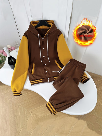 Brauner und gelber Hoodie mit Kapuze und Jogginghose, warmes Material, sportlich, bequem.