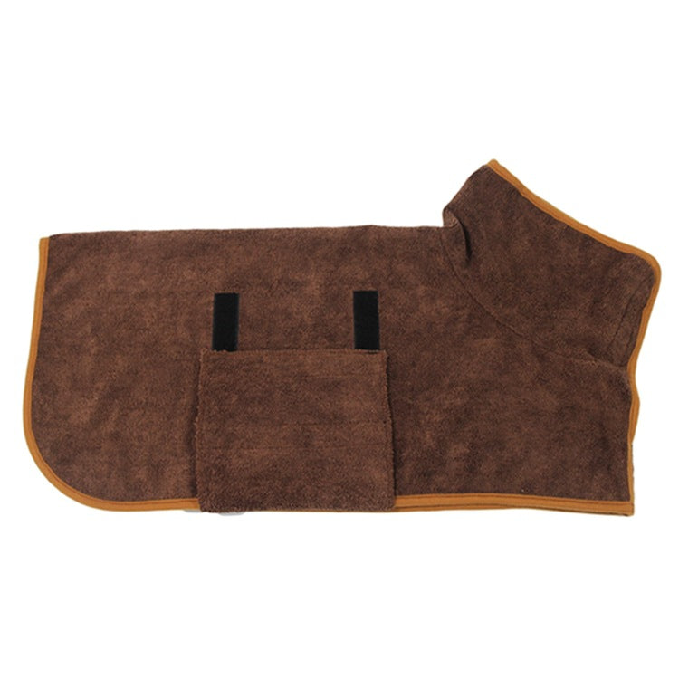Brauner Hundebademantel aus Frottee, mit Klettverschluss, ideal für schnelles Trocknen.