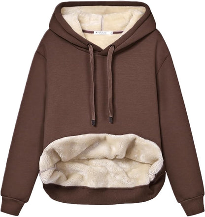Brauner Kapuzenpullover mit Fleecefutter, Kängurutasche, Unisex, warm, gemütlich, Wintermode.