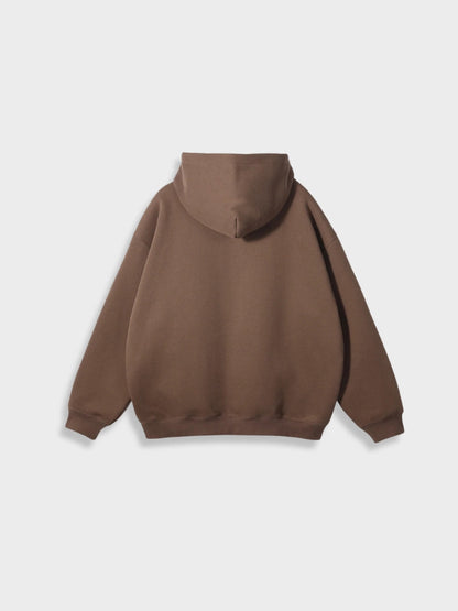 Brauner Kapuzenpullover aus Baumwolle, Unisex, Rückansicht, lässiger Stil, modisch.