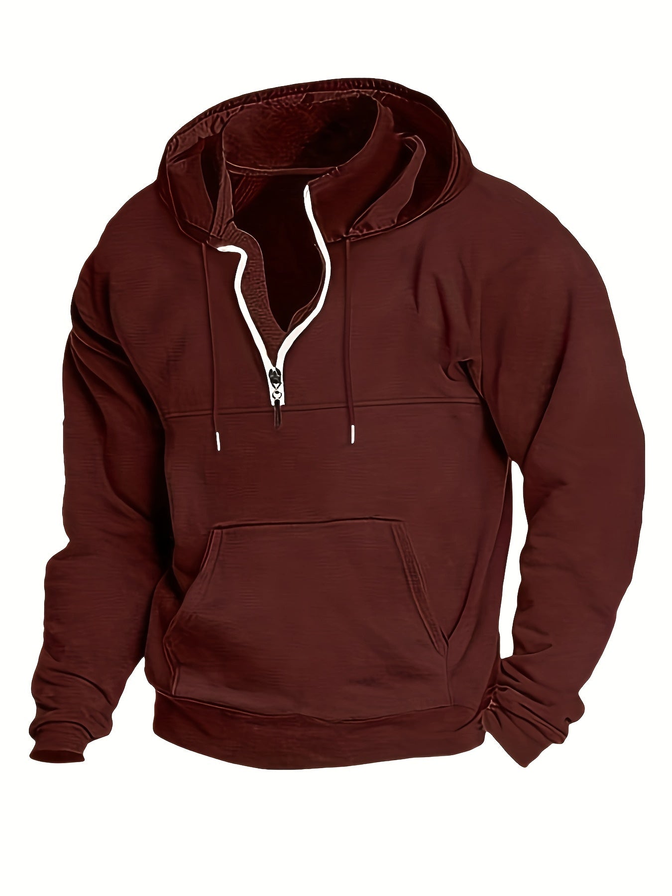 Bordeauxroter Kapuzenpullover mit Reißverschluss, Kängurutasche, Herrenmode, Baumwolle.
