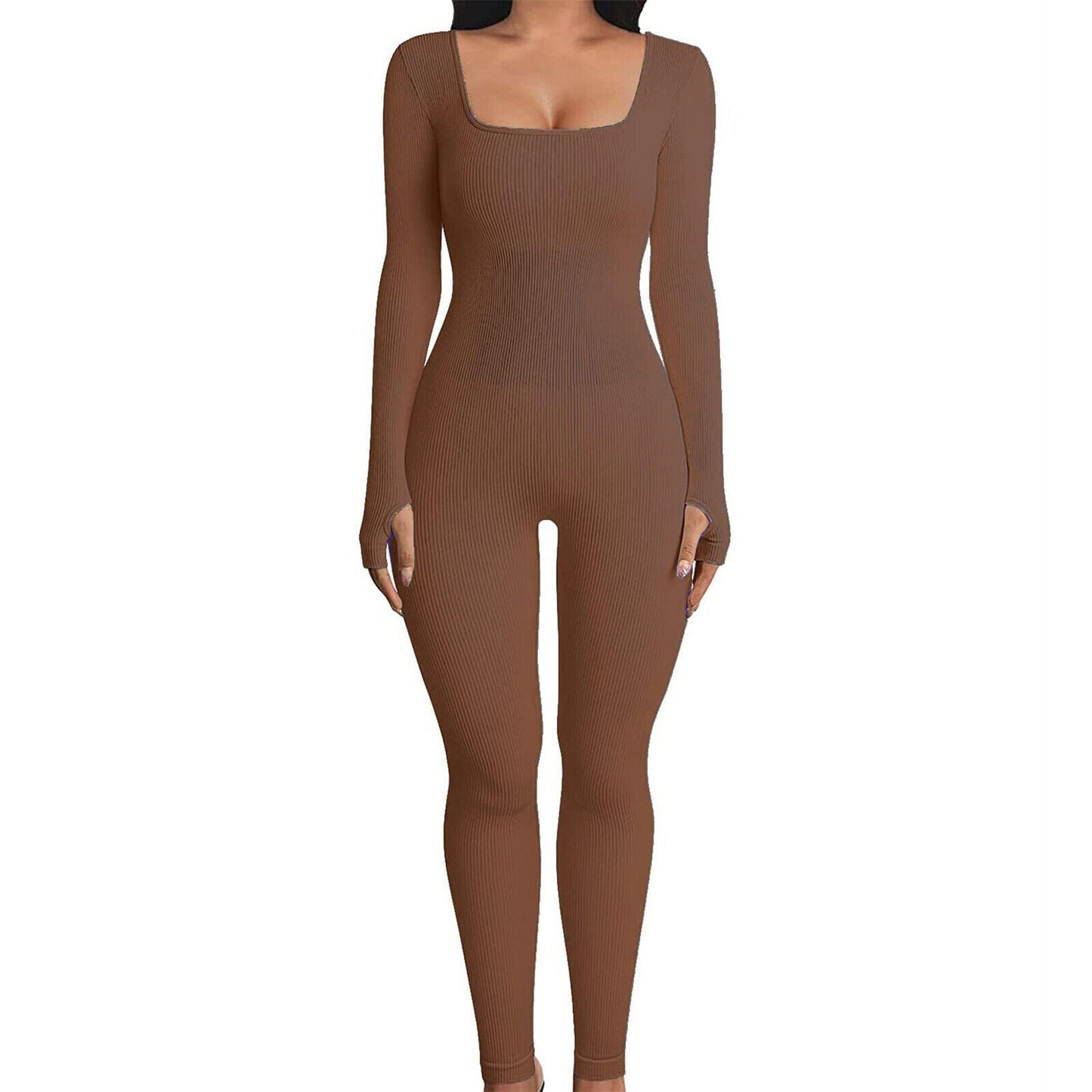 Brauner langärmeliger Jumpsuit für Damen, figurbetont, aus Shapewear-Material.