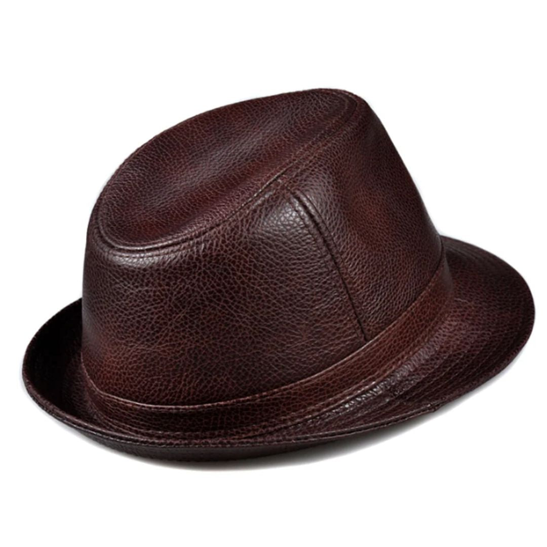 Brauner Leder-Fedora-Hut, stilvoll, klassisch, Herrenmode, Accessoire, elegant, zeitlos.
