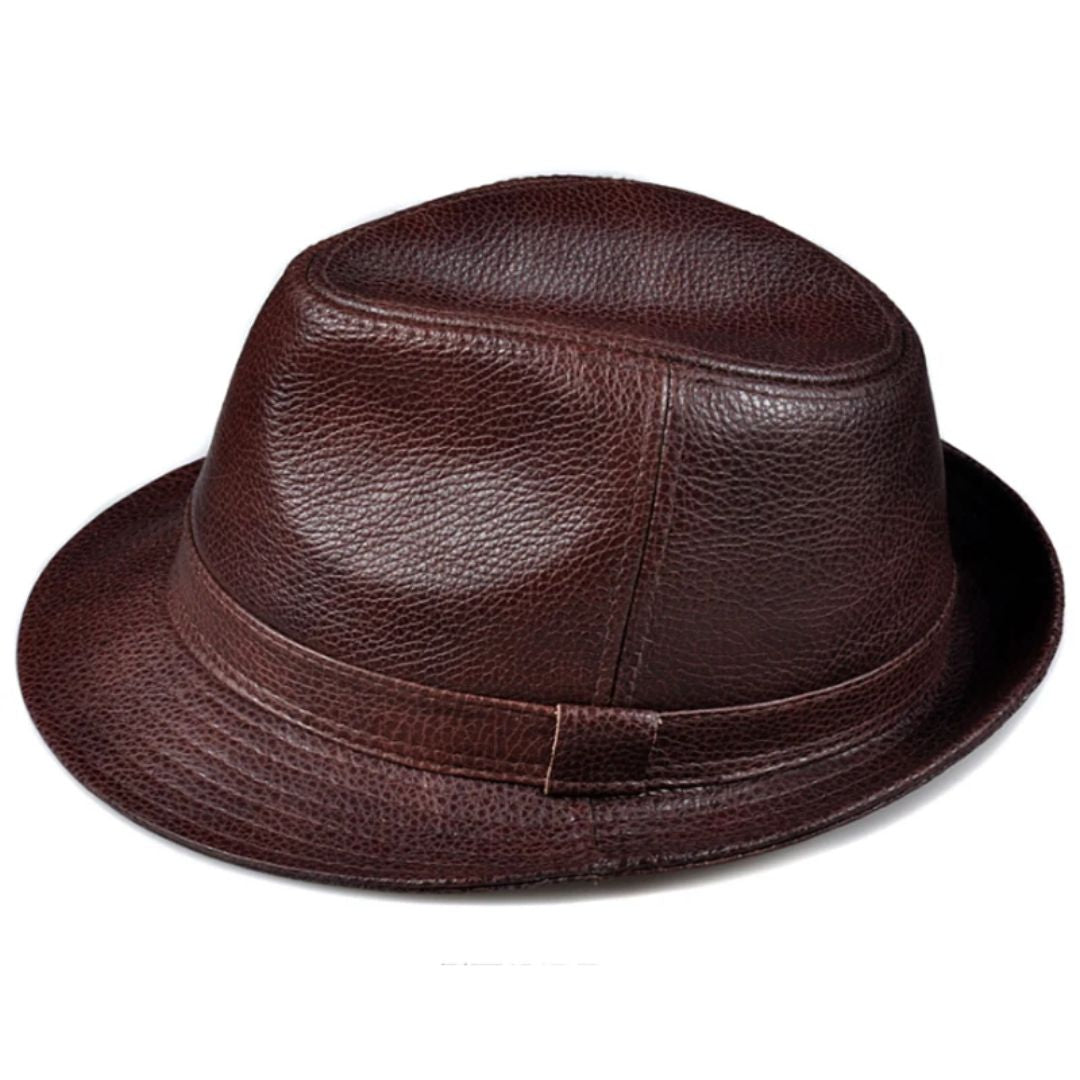 Brauner Leder-Fedora-Hut, stilvoll, klassisch, Herrenmode, Accessoire, zeitloses Design.