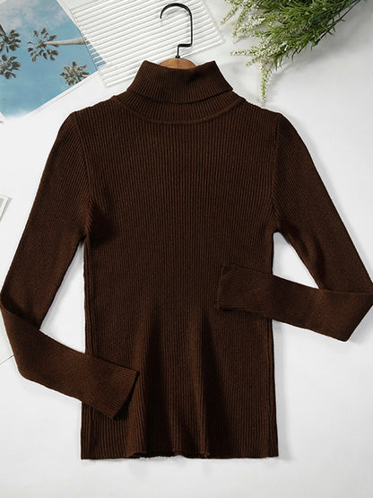 Brauner Rollkragenpullover aus Strick, langärmelig, Damenmode, Herbst-Winter, elegant.
