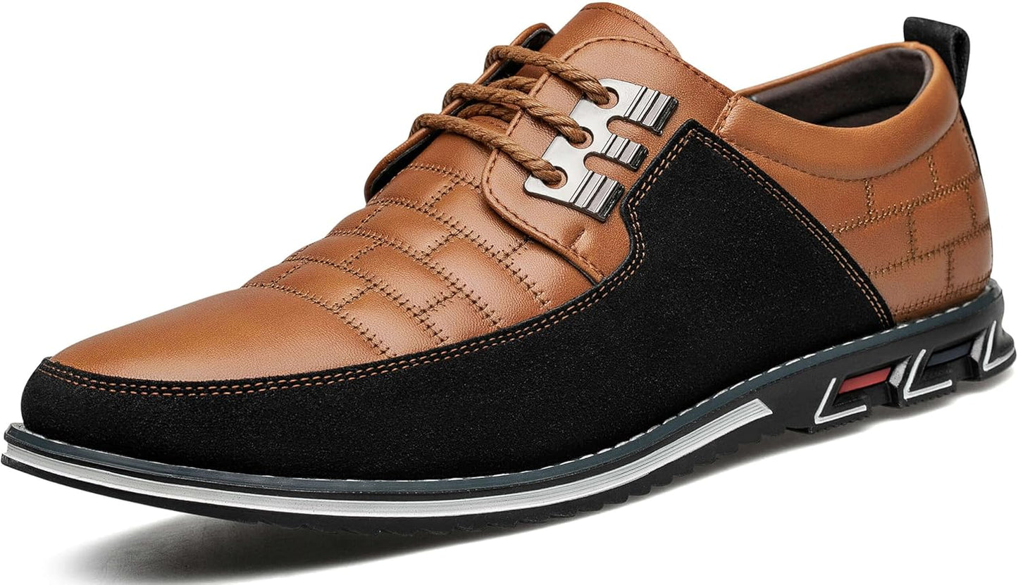Brauner und schwarzer Herren-Ledersneaker, sportlich, bequem, modisch, mit Schnürsenkeln.