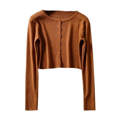 Brauner Damen-Cardigan, langärmelig, Knopfleiste, Strick, modisch, Herbstmode.
